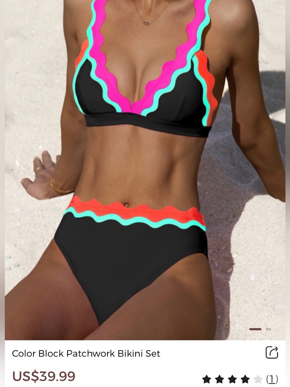 Black Color-Block Scalloped Bikini Set - Women Swim